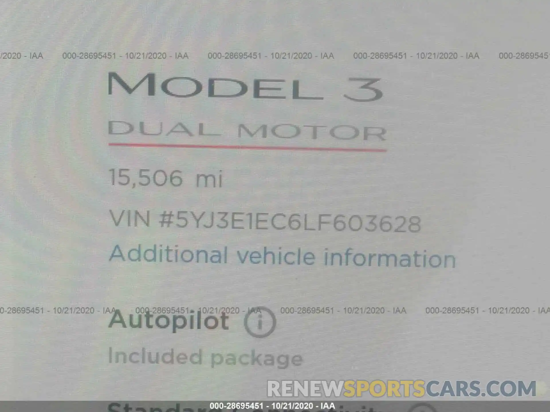 7 Фотография поврежденного автомобиля 5YJ3E1EC6LF603628 TESLA MODEL 3 2020