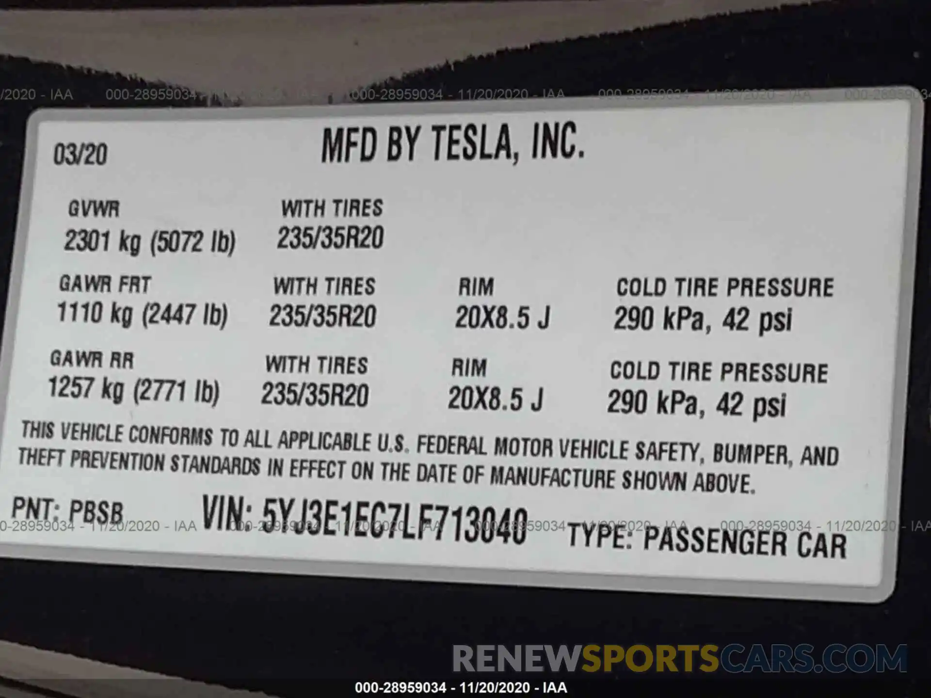 9 Фотография поврежденного автомобиля 5YJ3E1EC7LF713040 TESLA MODEL 3 2020