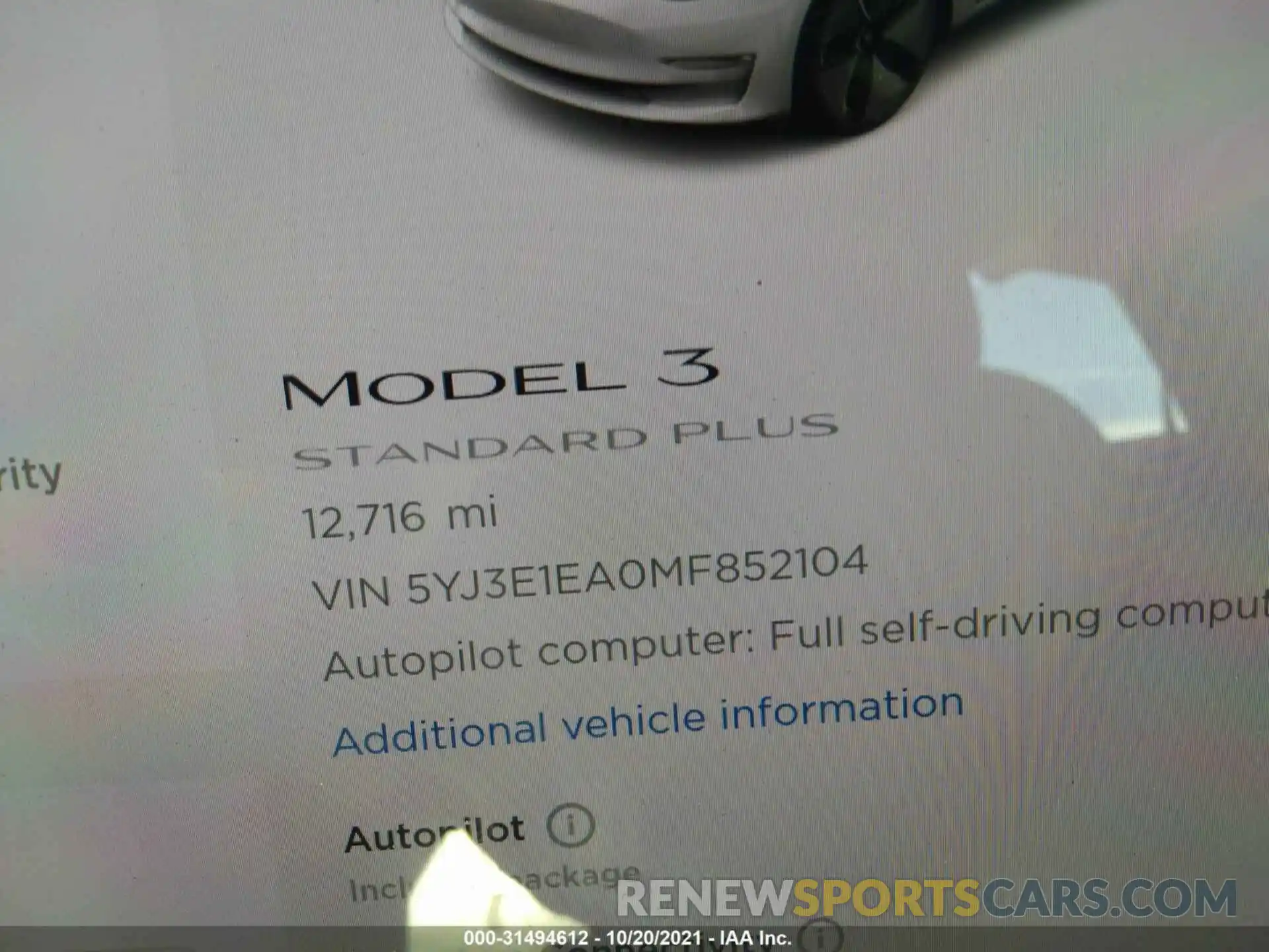 7 Photograph of a damaged car 5YJ3E1EA0MF852104 TESLA MODEL 3 2021