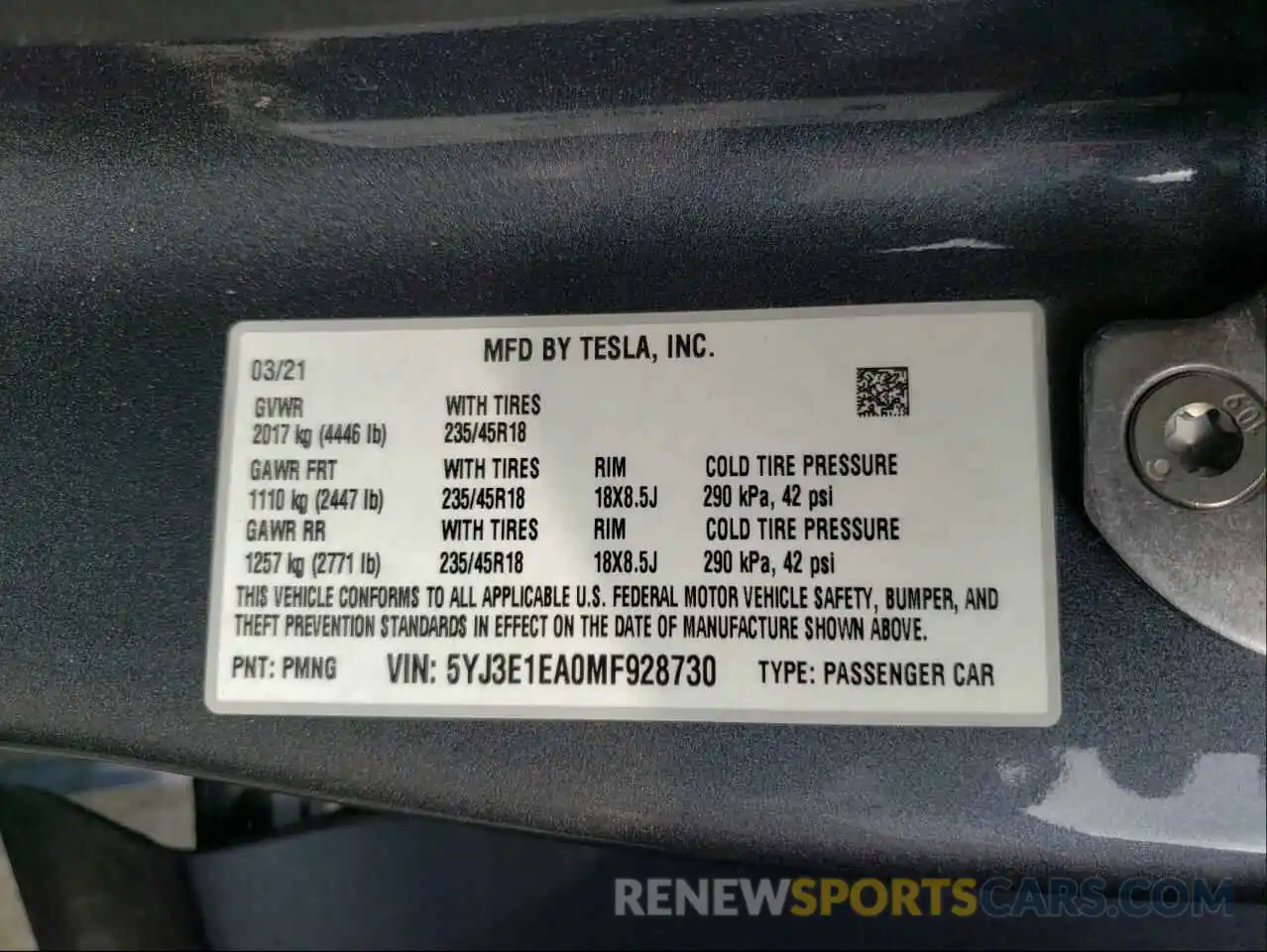 10 Фотография поврежденного автомобиля 5YJ3E1EA0MF928730 TESLA MODEL 3 2021