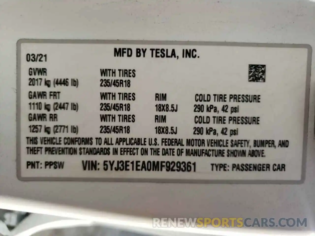 10 Фотография поврежденного автомобиля 5YJ3E1EA0MF929361 TESLA MODEL 3 2021