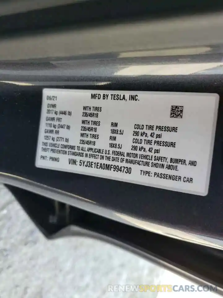 10 Photograph of a damaged car 5YJ3E1EA0MF994730 TESLA MODEL 3 2021