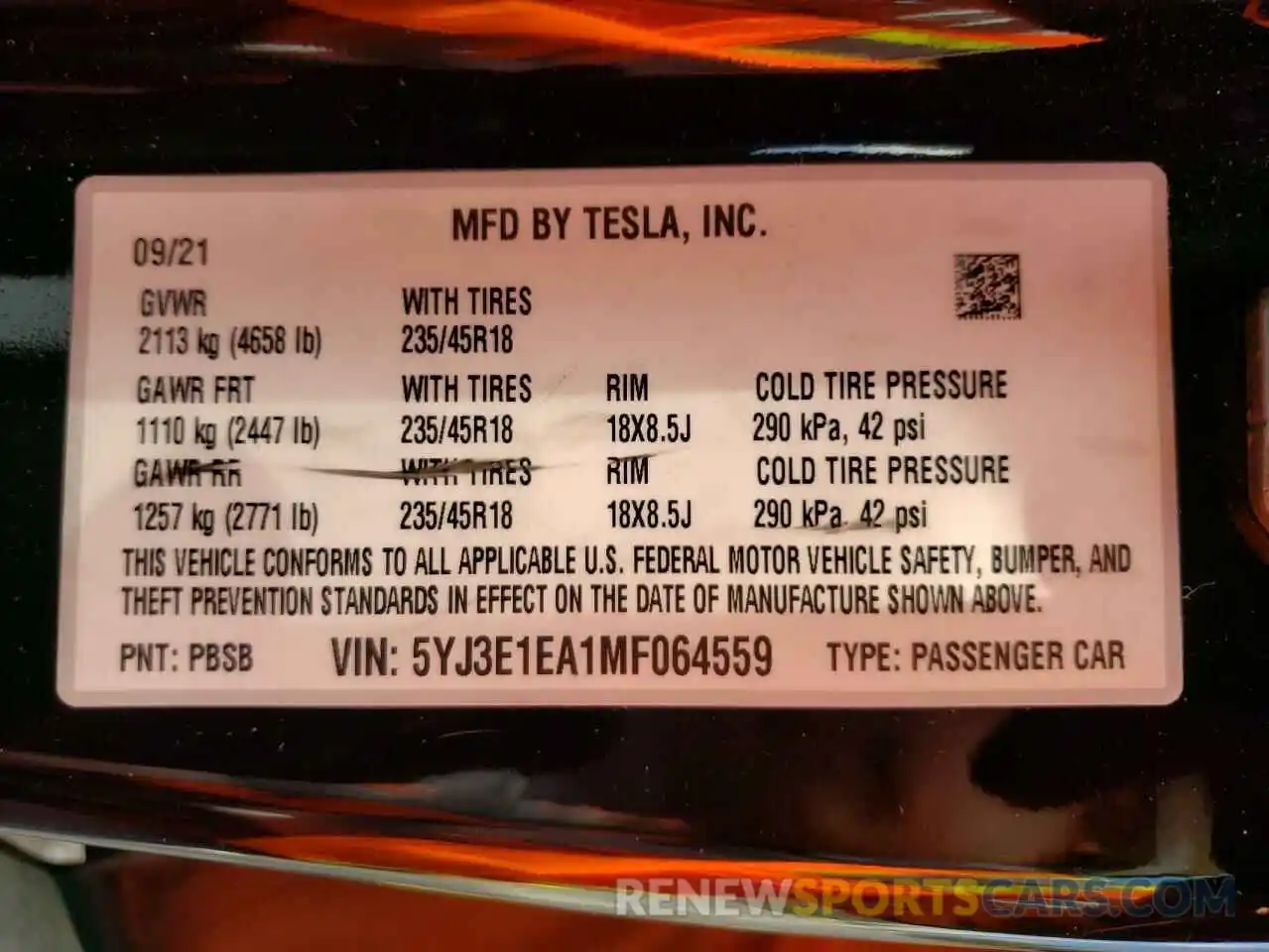 10 Фотография поврежденного автомобиля 5YJ3E1EA1MF064559 TESLA MODEL 3 2021