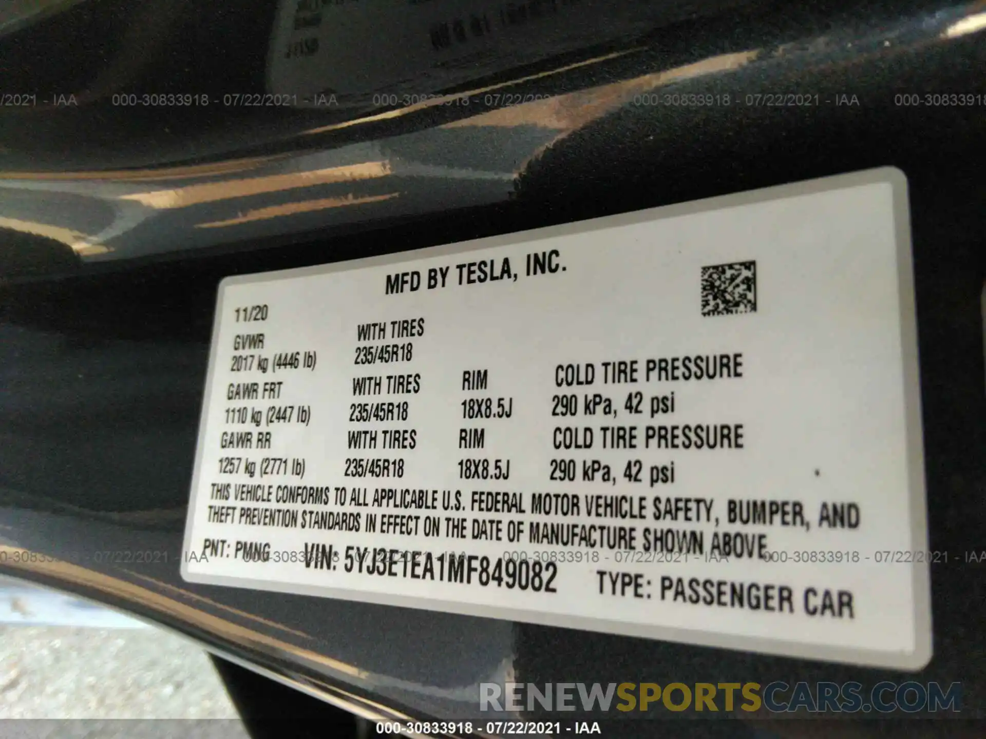 9 Фотография поврежденного автомобиля 5YJ3E1EA1MF849082 TESLA MODEL 3 2021