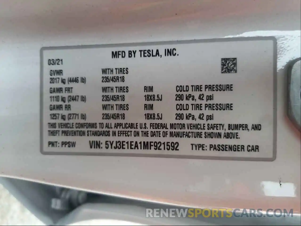 10 Photograph of a damaged car 5YJ3E1EA1MF921592 TESLA MODEL 3 2021