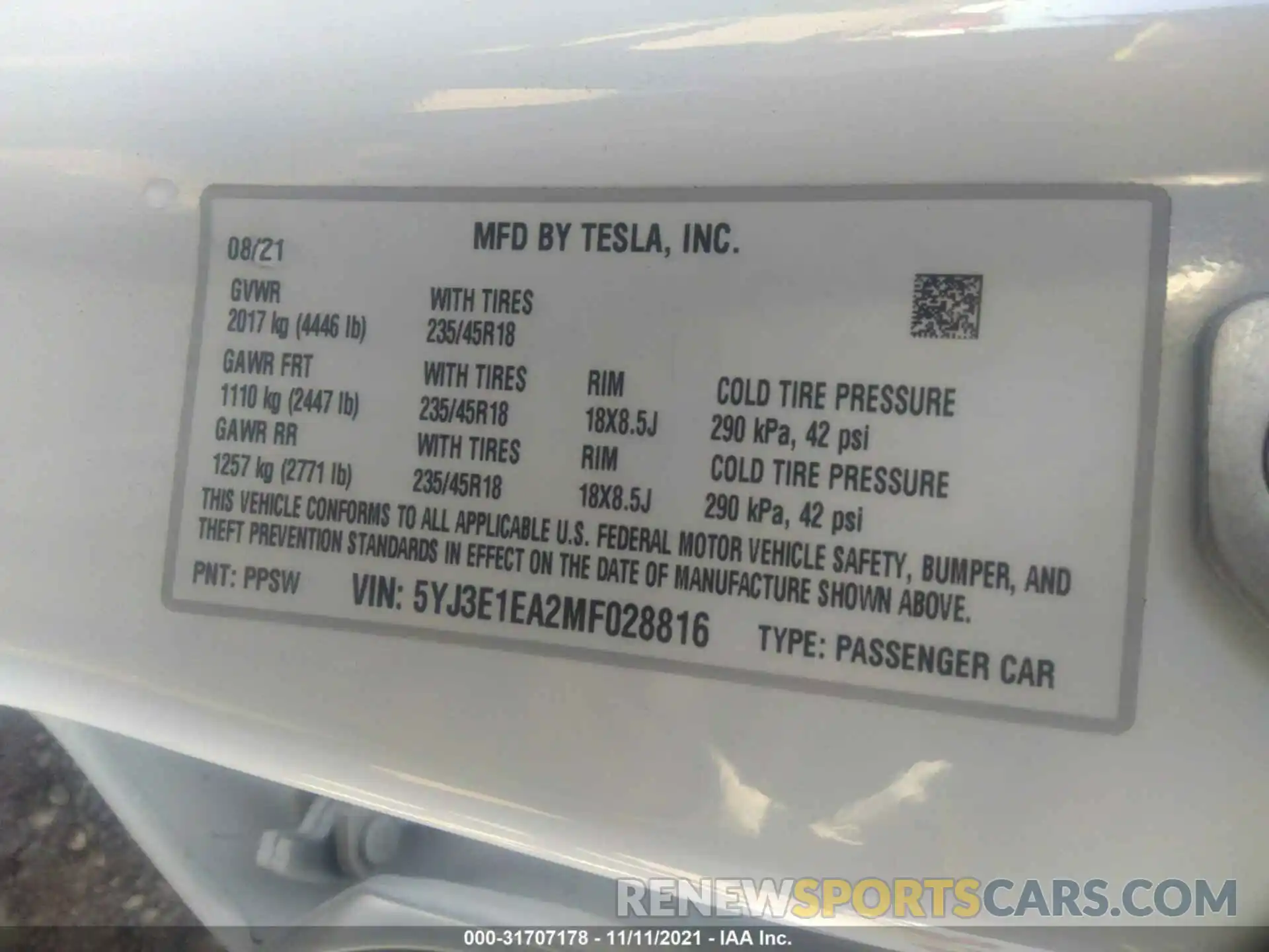 9 Фотография поврежденного автомобиля 5YJ3E1EA2MF028816 TESLA MODEL 3 2021