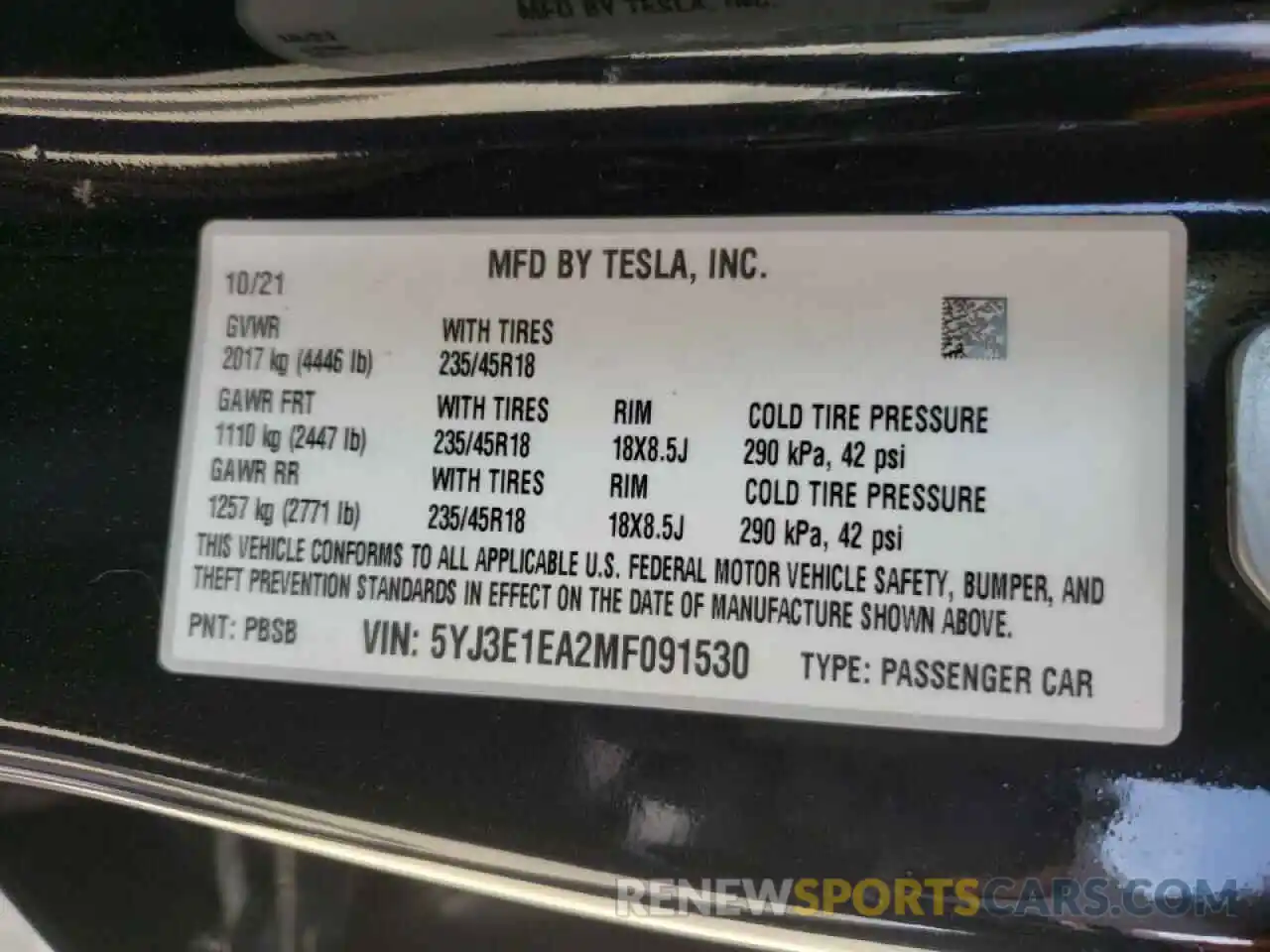 10 Photograph of a damaged car 5YJ3E1EA2MF091530 TESLA MODEL 3 2021