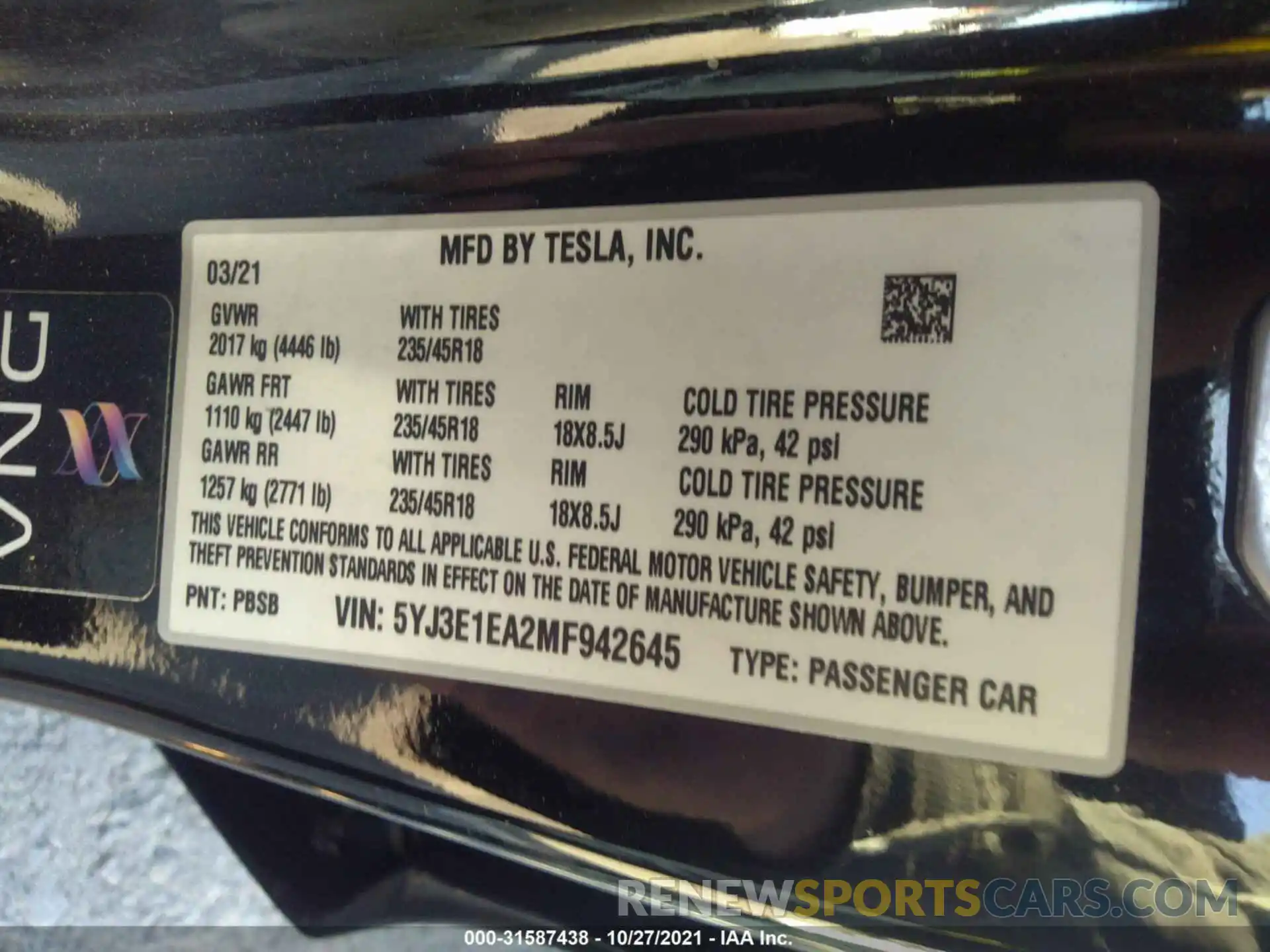 9 Photograph of a damaged car 5YJ3E1EA2MF942645 TESLA MODEL 3 2021