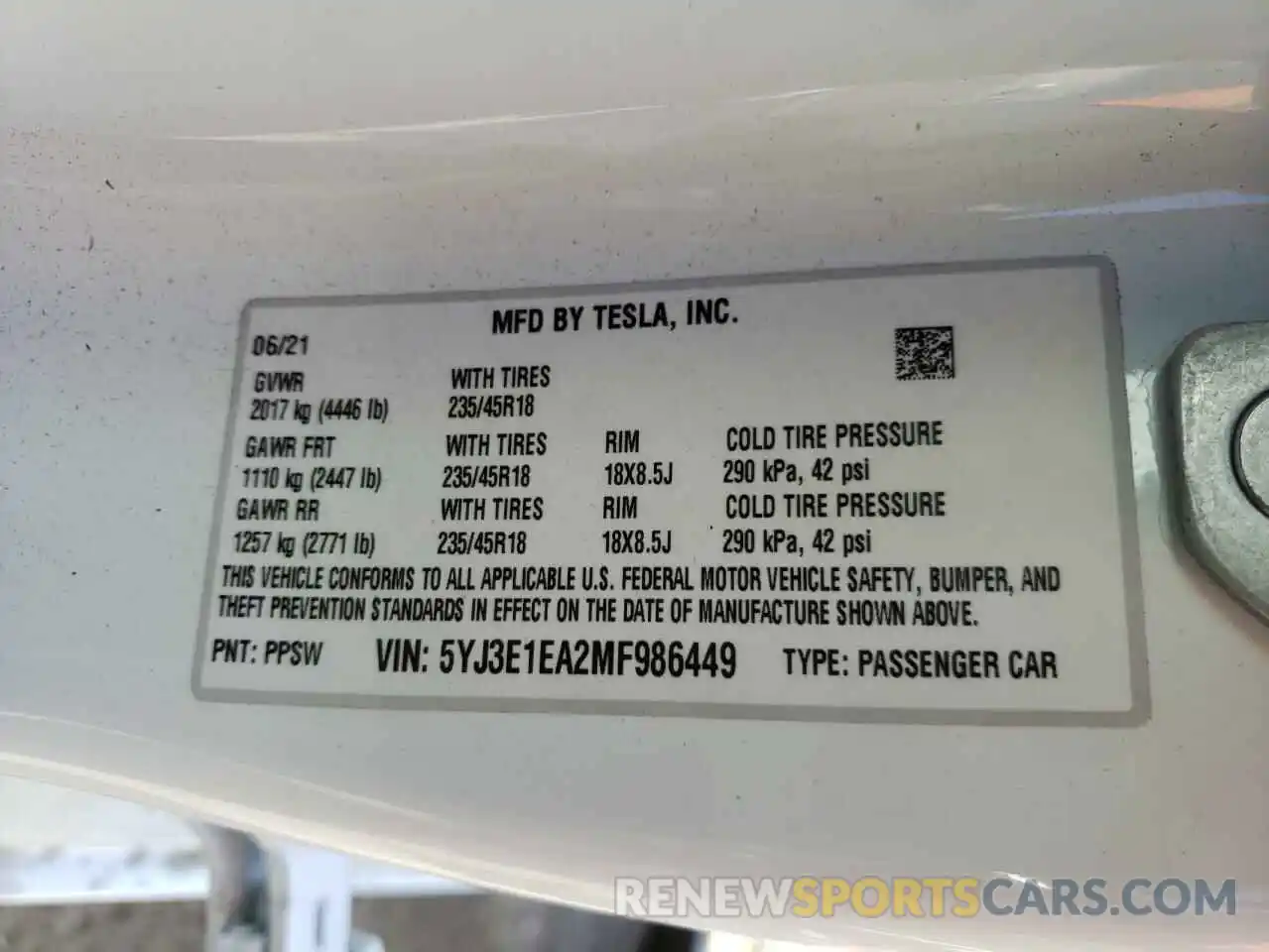 10 Photograph of a damaged car 5YJ3E1EA2MF986449 TESLA MODEL 3 2021