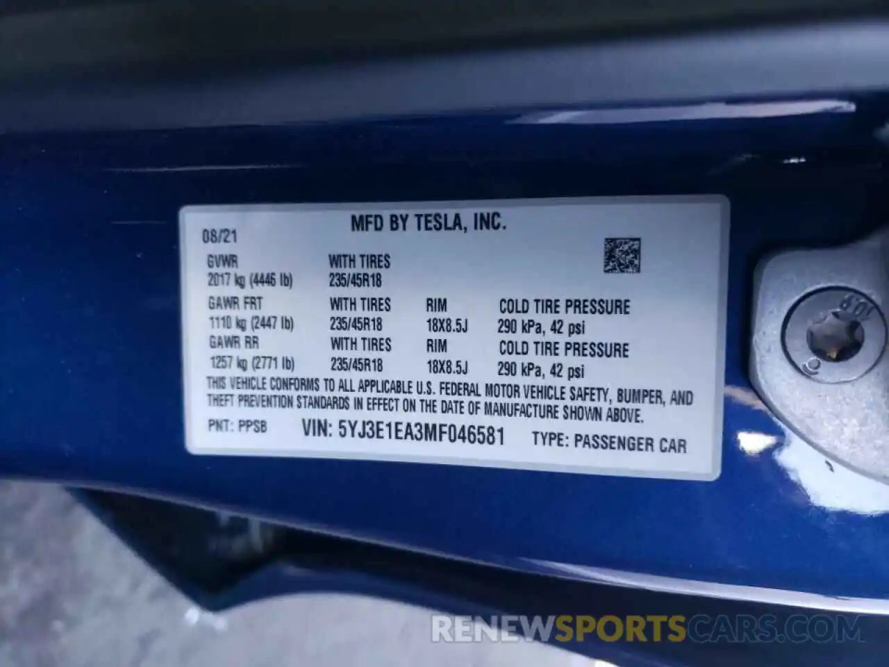 10 Photograph of a damaged car 5YJ3E1EA3MF046581 TESLA MODEL 3 2021