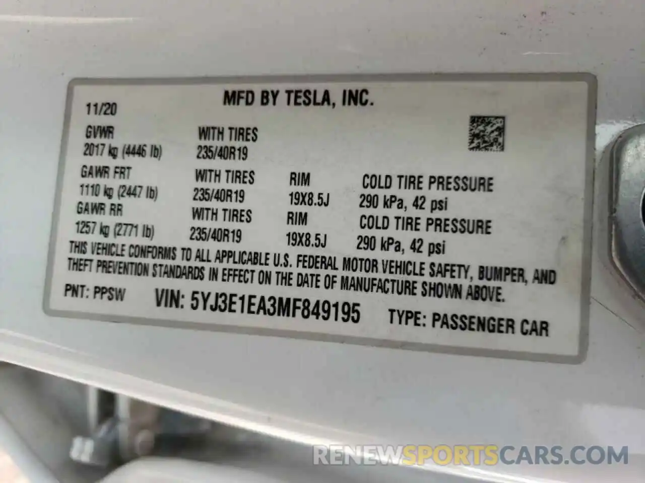 10 Фотография поврежденного автомобиля 5YJ3E1EA3MF849195 TESLA MODEL 3 2021