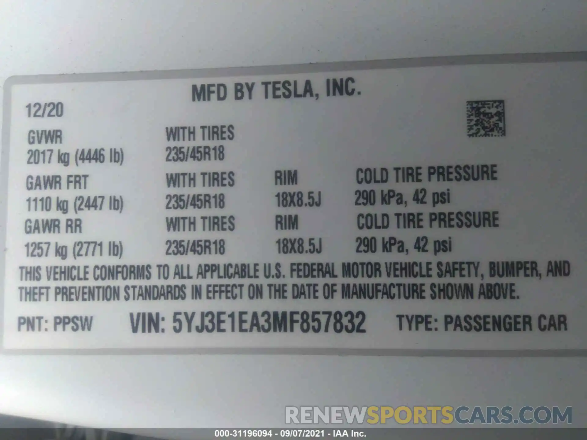 9 Photograph of a damaged car 5YJ3E1EA3MF857832 TESLA MODEL 3 2021