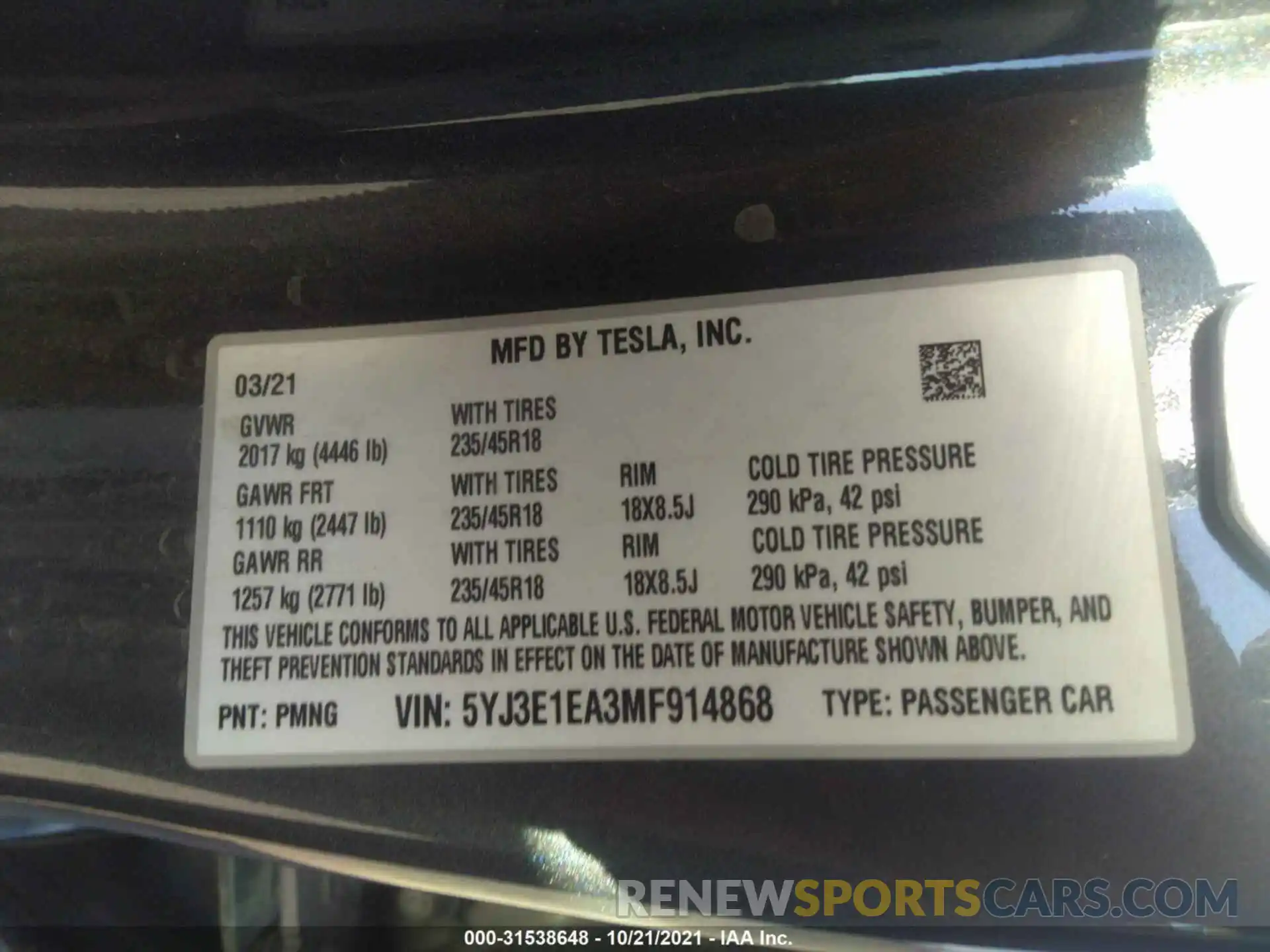 9 Фотография поврежденного автомобиля 5YJ3E1EA3MF914868 TESLA MODEL 3 2021