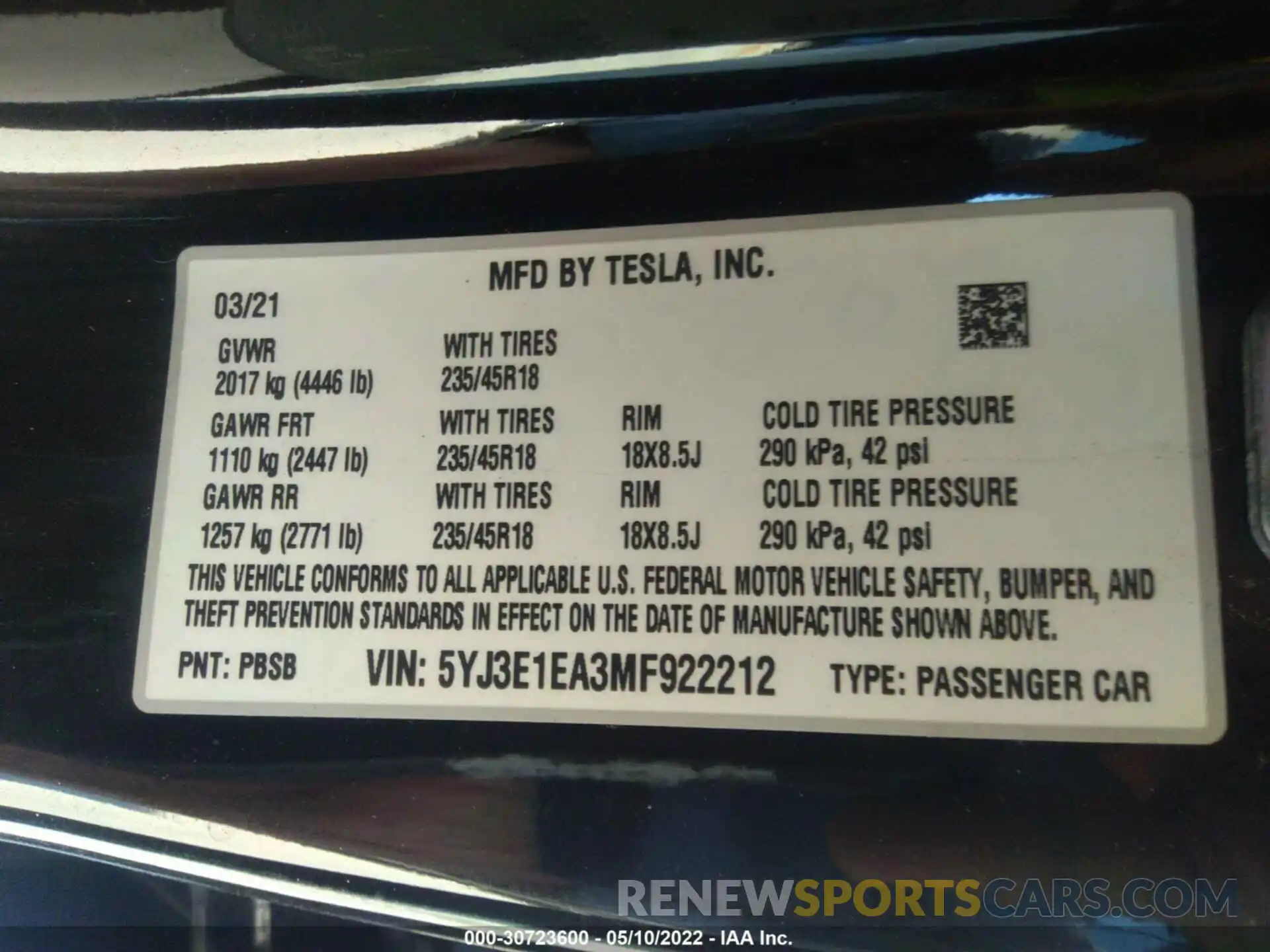 9 Фотография поврежденного автомобиля 5YJ3E1EA3MF922212 TESLA MODEL 3 2021