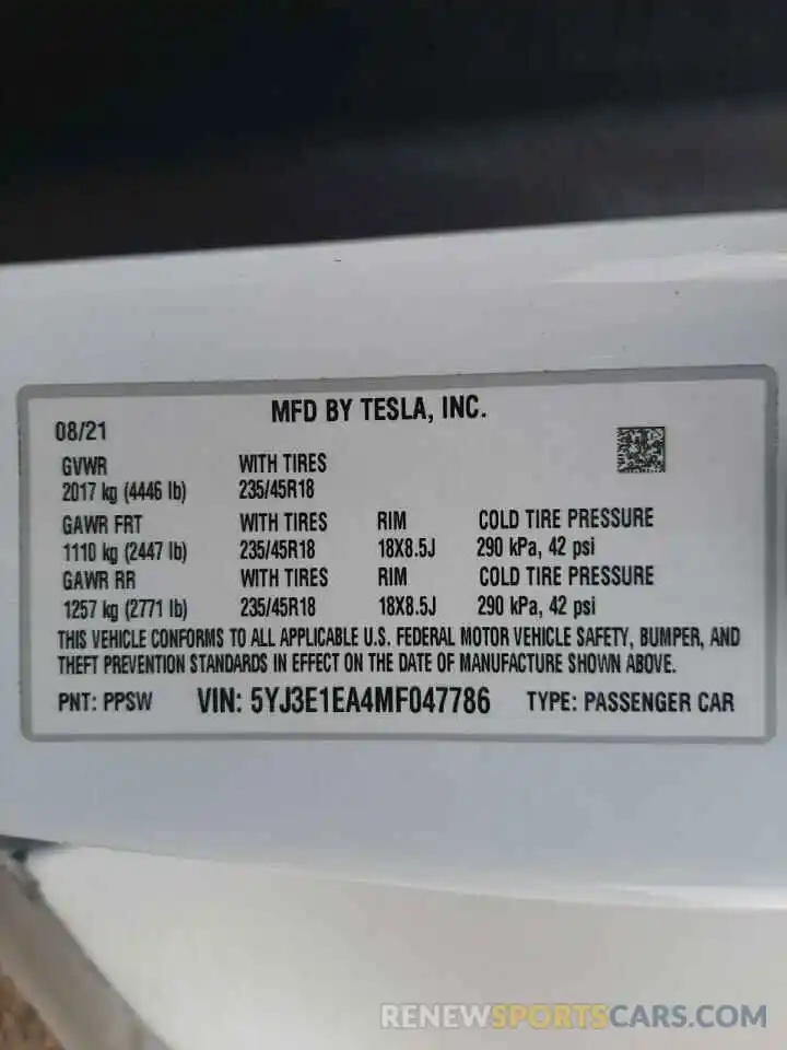 10 Фотография поврежденного автомобиля 5YJ3E1EA4MF047786 TESLA MODEL 3 2021