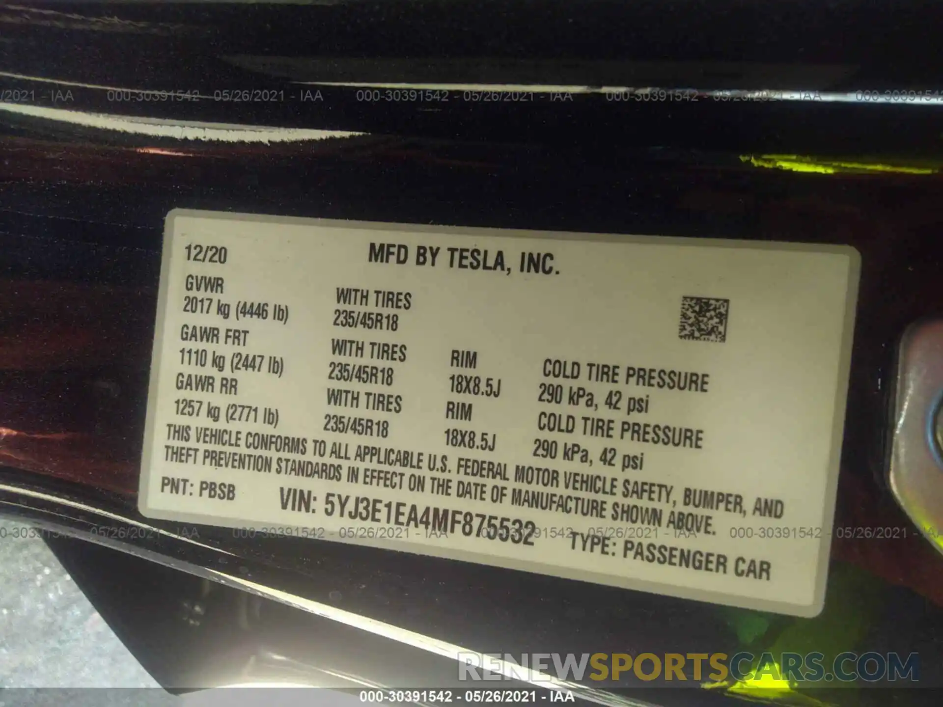 9 Фотография поврежденного автомобиля 5YJ3E1EA4MF875532 TESLA MODEL 3 2021