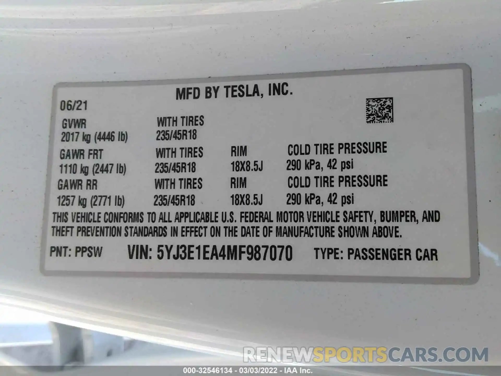 9 Фотография поврежденного автомобиля 5YJ3E1EA4MF987070 TESLA MODEL 3 2021