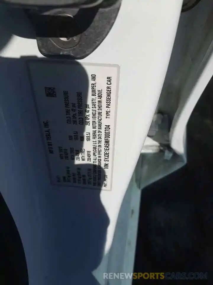 10 Photograph of a damaged car 5YJ3E1EA5MF000704 TESLA MODEL 3 2021