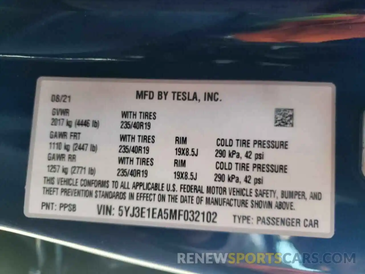 10 Photograph of a damaged car 5YJ3E1EA5MF032102 TESLA MODEL 3 2021