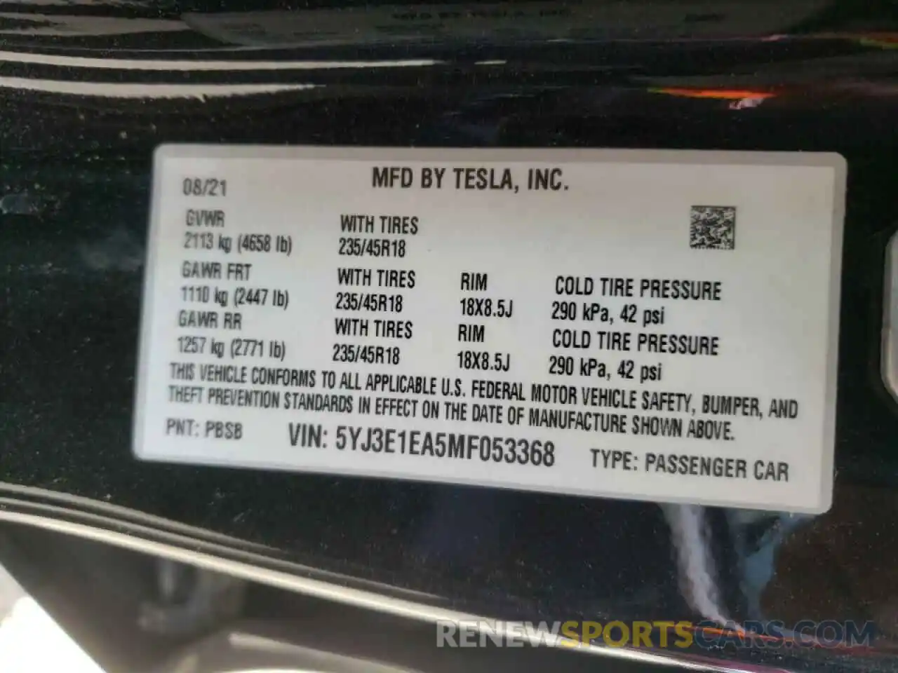 10 Photograph of a damaged car 5YJ3E1EA5MF053368 TESLA MODEL 3 2021