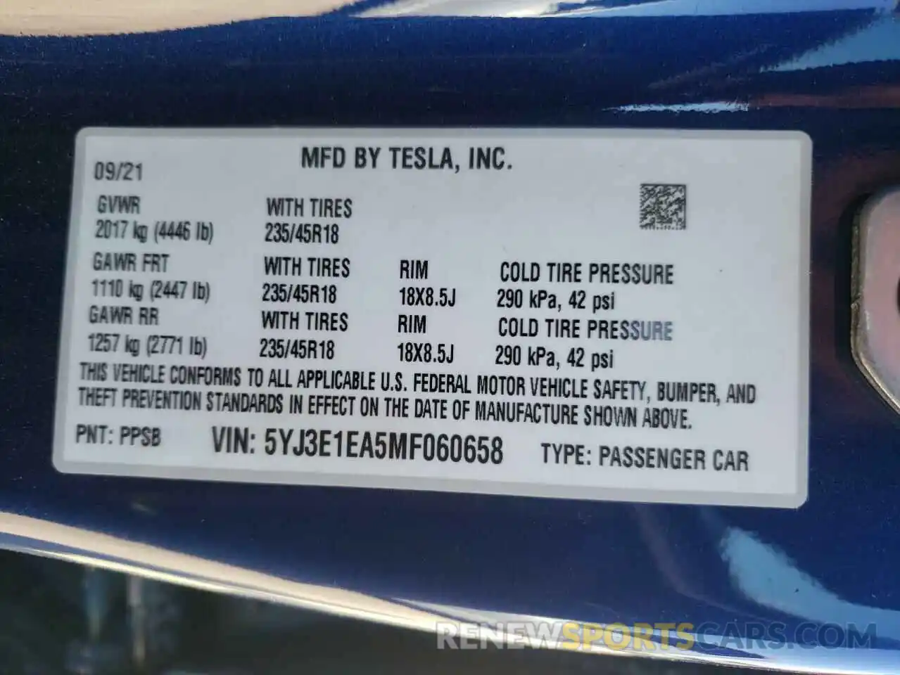 10 Photograph of a damaged car 5YJ3E1EA5MF060658 TESLA MODEL 3 2021