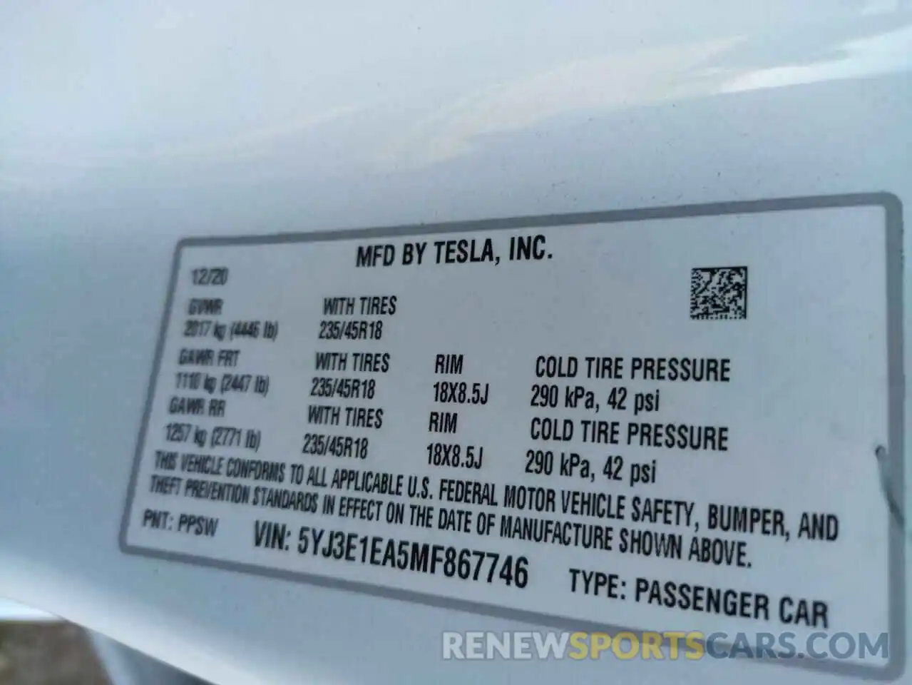 10 Photograph of a damaged car 5YJ3E1EA5MF867746 TESLA MODEL 3 2021