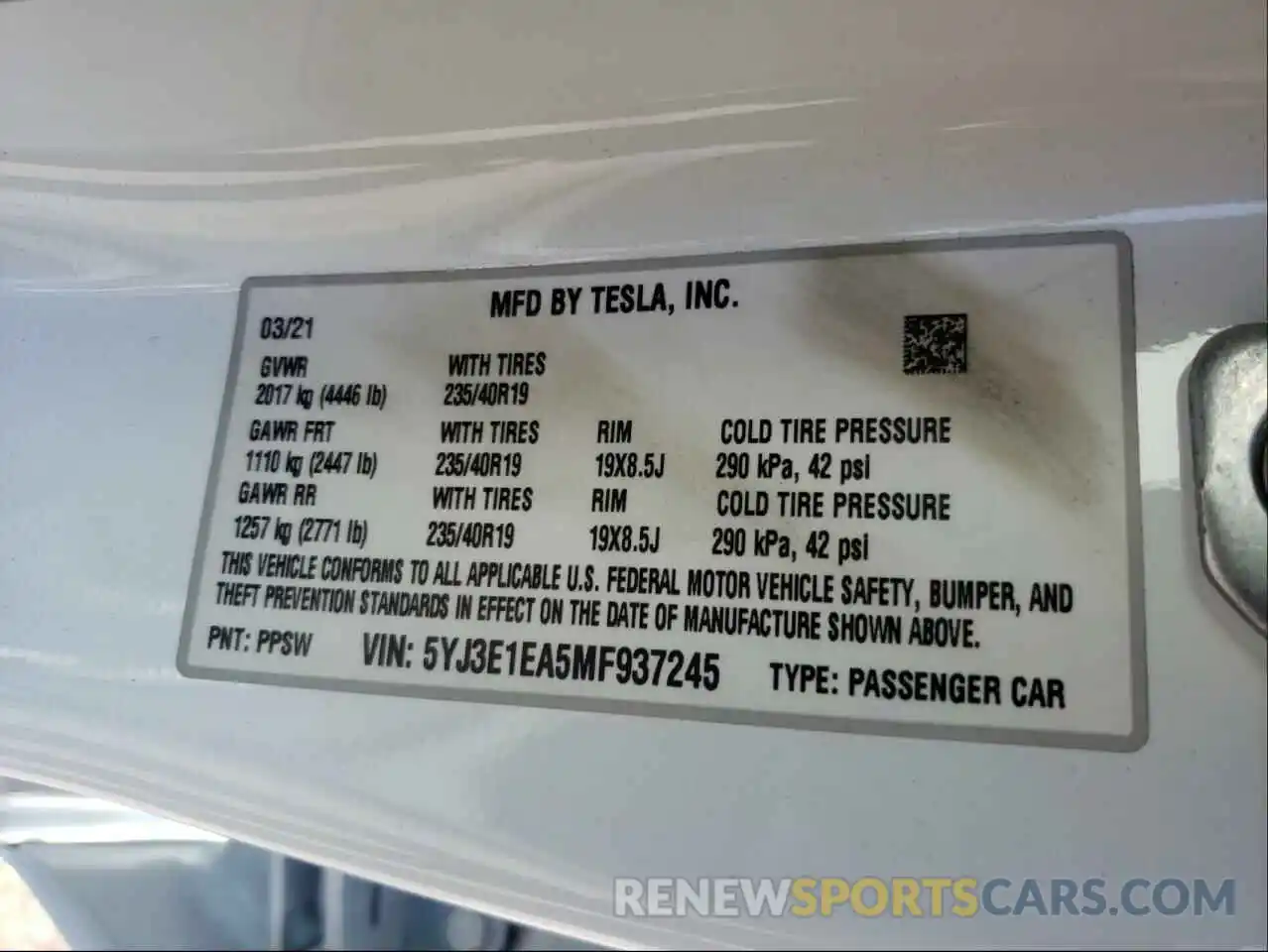 10 Photograph of a damaged car 5YJ3E1EA5MF937245 TESLA MODEL 3 2021