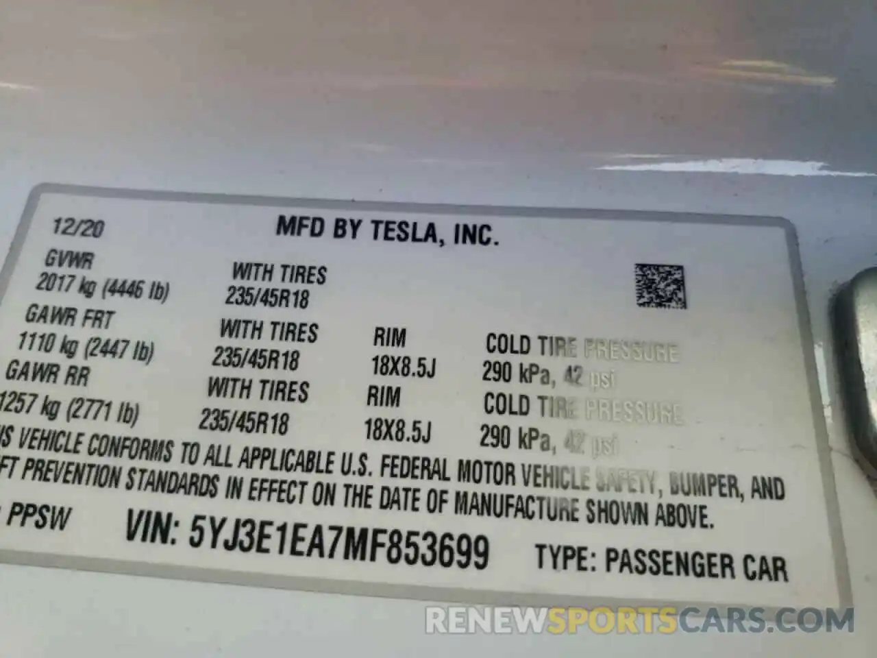 10 Photograph of a damaged car 5YJ3E1EA7MF853699 TESLA MODEL 3 2021