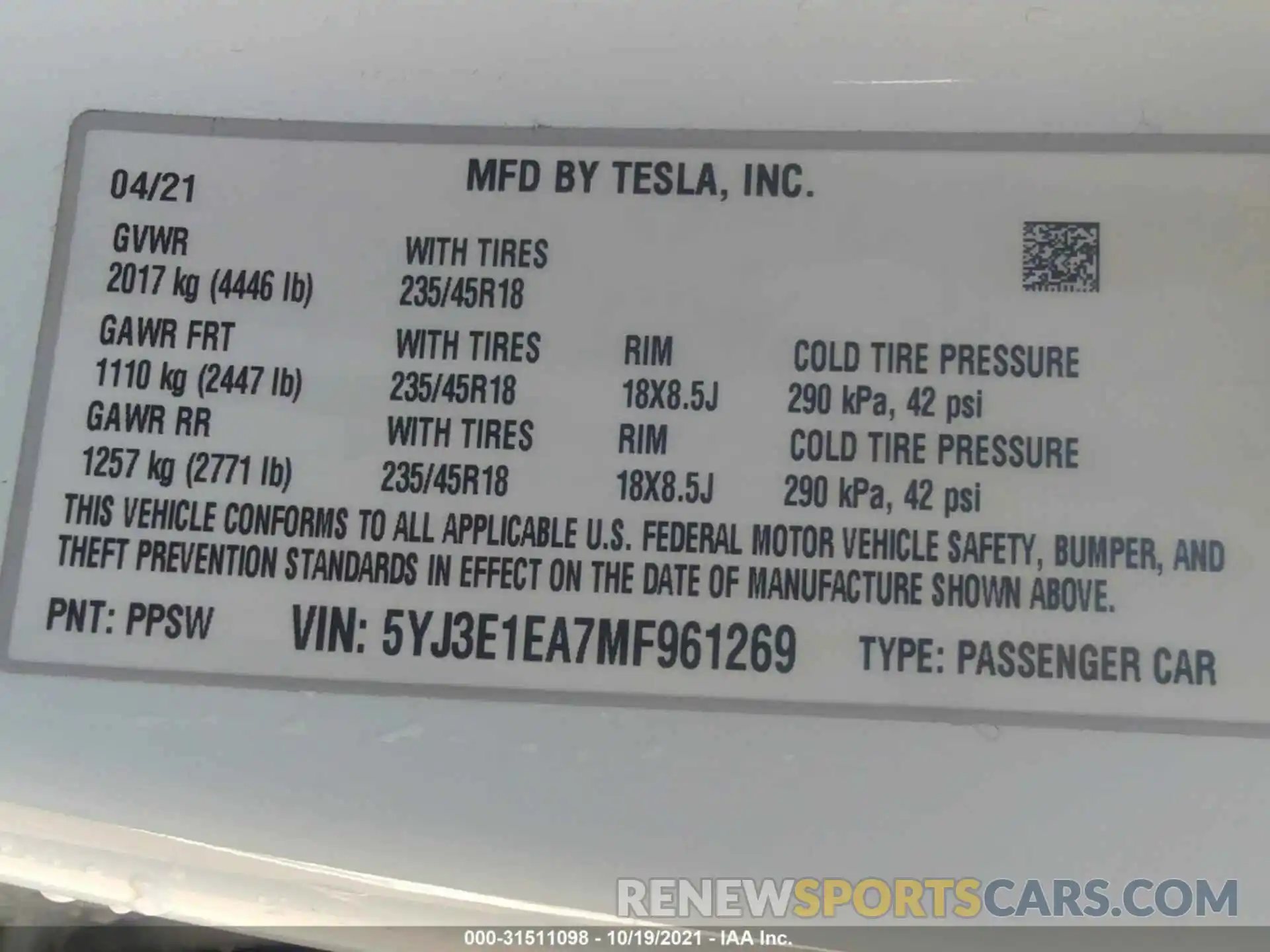 9 Photograph of a damaged car 5YJ3E1EA7MF961269 TESLA MODEL 3 2021