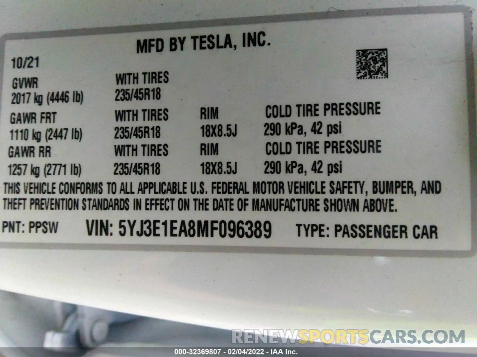 9 Фотография поврежденного автомобиля 5YJ3E1EA8MF096389 TESLA MODEL 3 2021