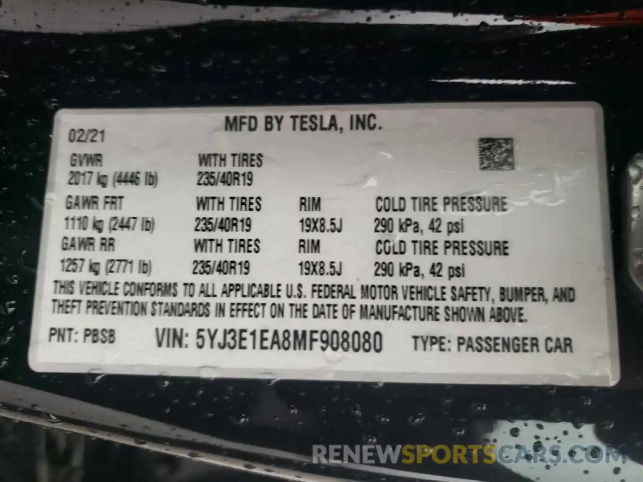 10 Photograph of a damaged car 5YJ3E1EA8MF908080 TESLA MODEL 3 2021