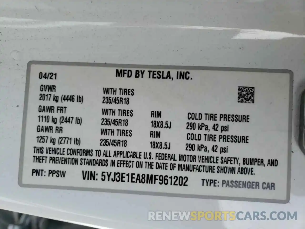 10 Photograph of a damaged car 5YJ3E1EA8MF961202 TESLA MODEL 3 2021