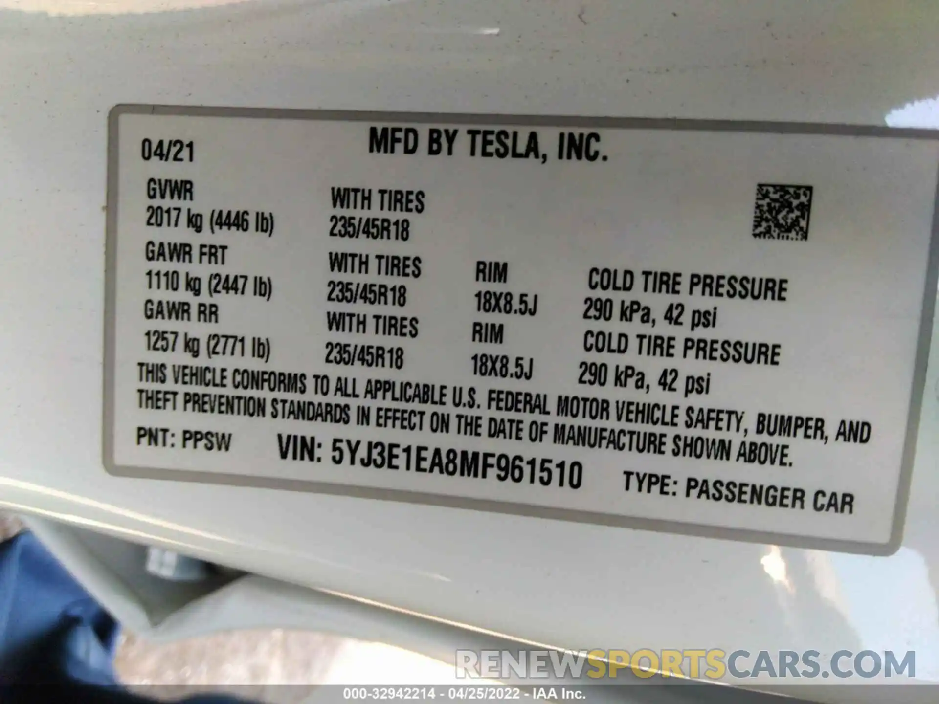 9 Photograph of a damaged car 5YJ3E1EA8MF961510 TESLA MODEL 3 2021