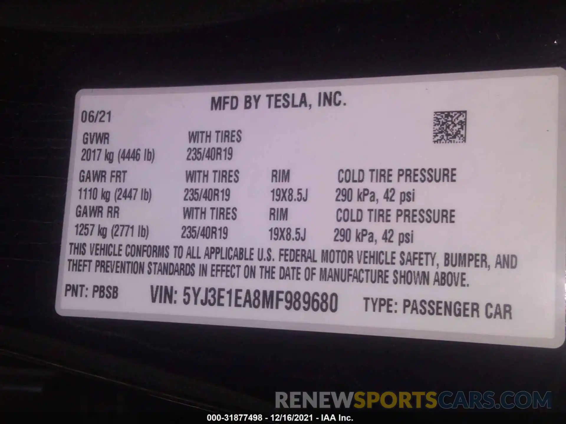 9 Photograph of a damaged car 5YJ3E1EA8MF989680 TESLA MODEL 3 2021