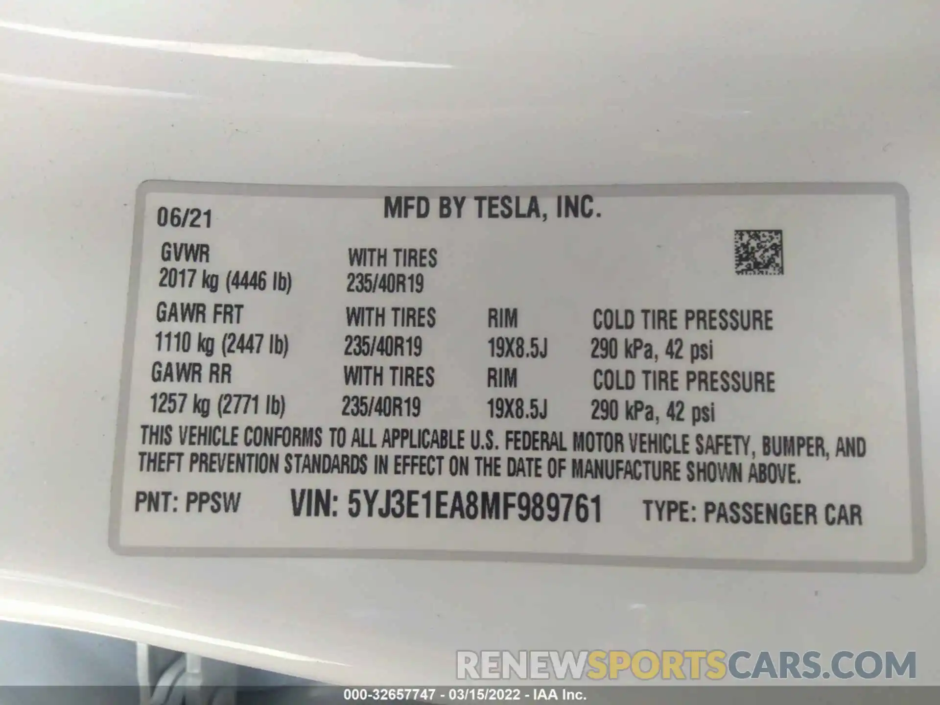 9 Фотография поврежденного автомобиля 5YJ3E1EA8MF989761 TESLA MODEL 3 2021