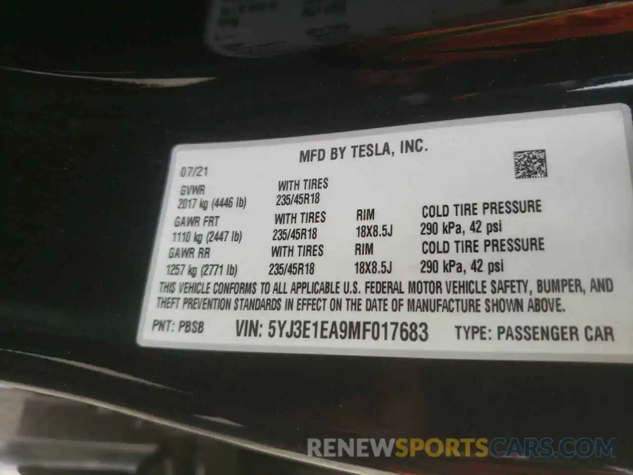 10 Photograph of a damaged car 5YJ3E1EA9MF017683 TESLA MODEL 3 2021