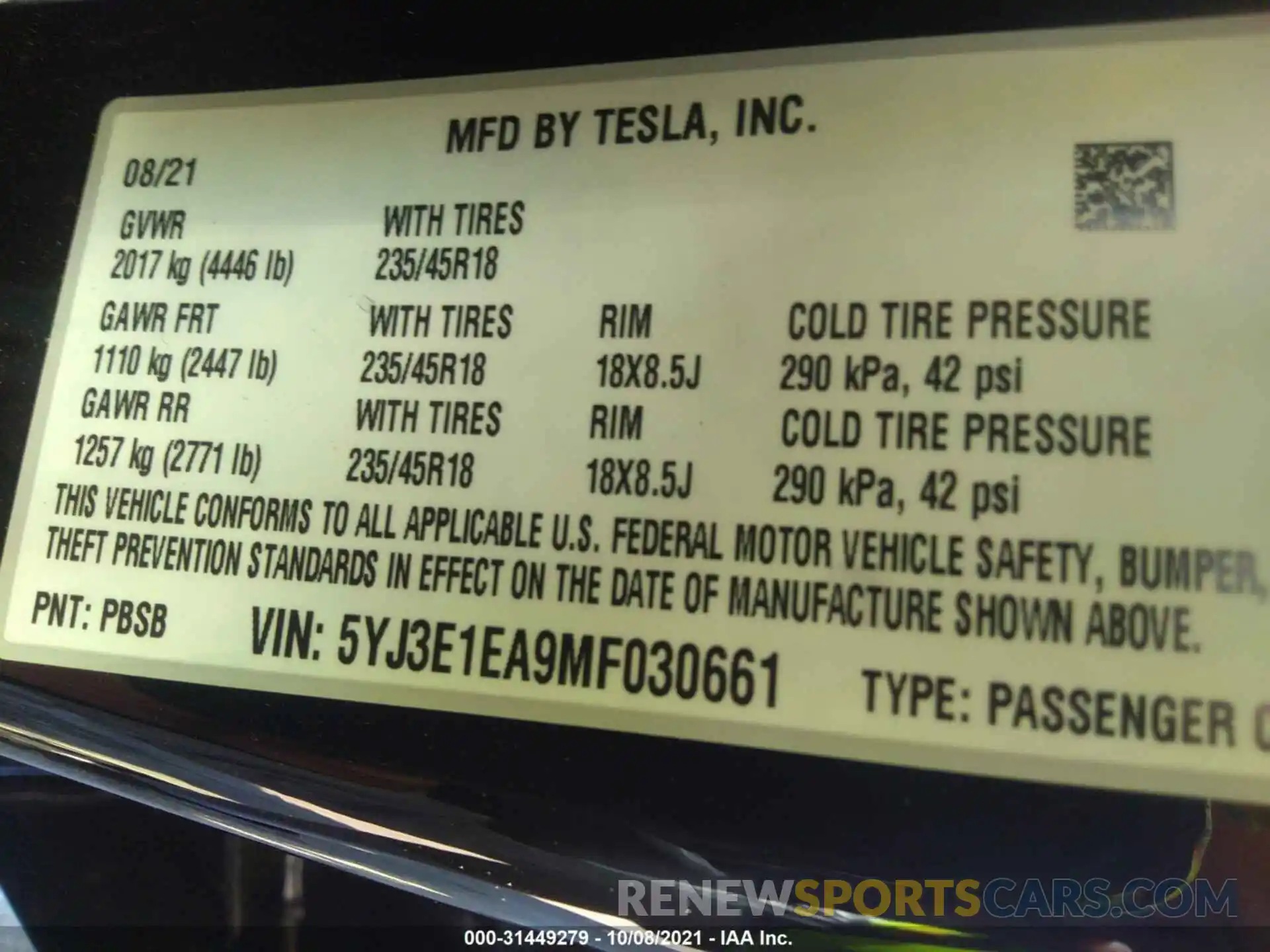 9 Фотография поврежденного автомобиля 5YJ3E1EA9MF030661 TESLA MODEL 3 2021