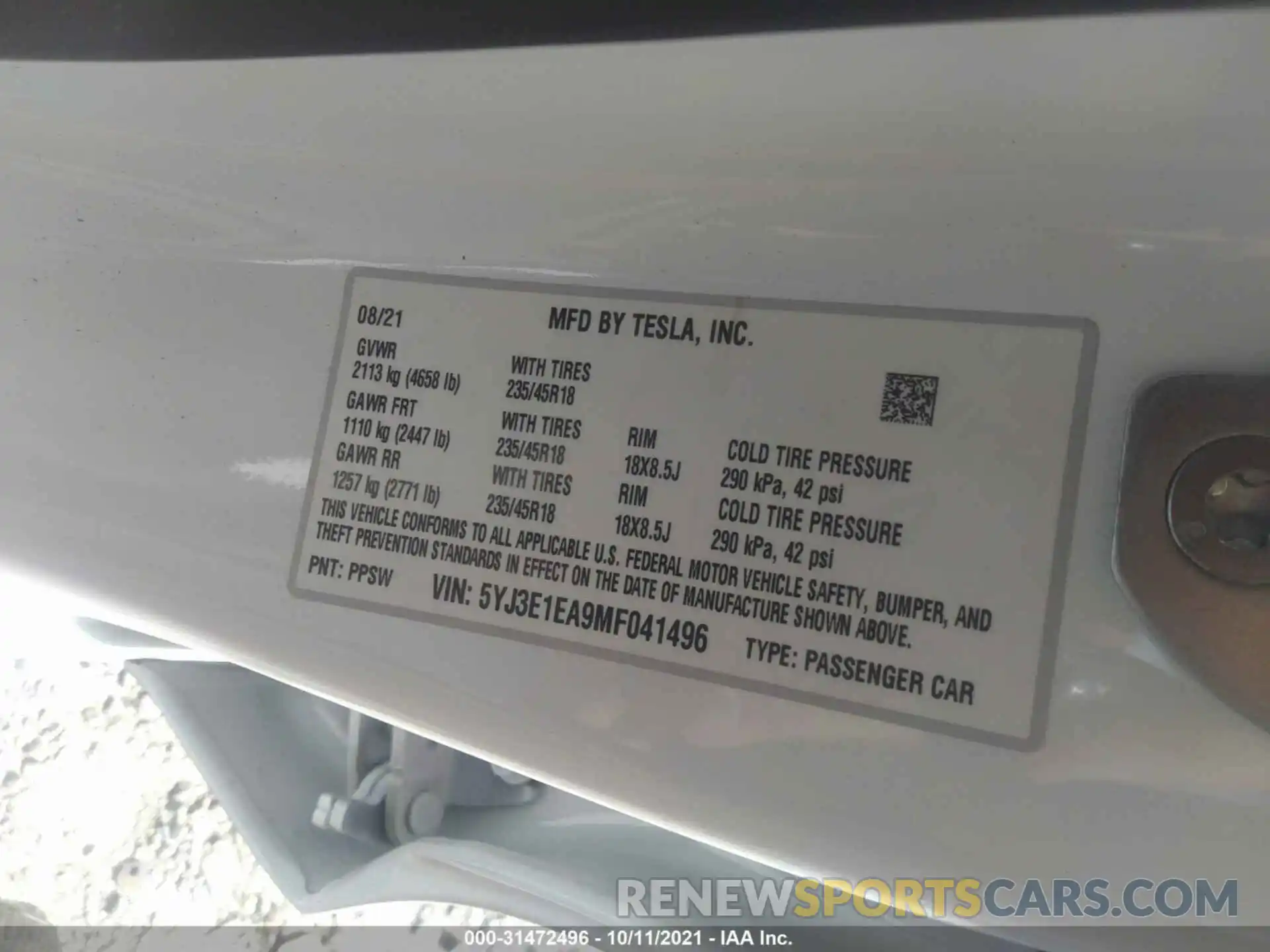 9 Photograph of a damaged car 5YJ3E1EA9MF041496 TESLA MODEL 3 2021