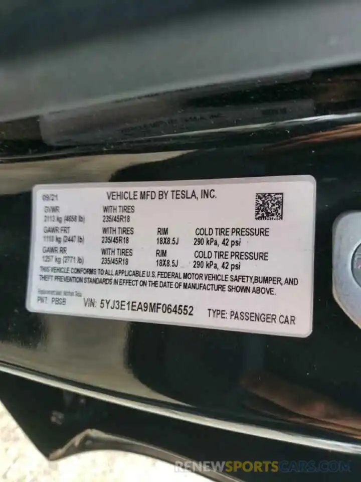 10 Photograph of a damaged car 5YJ3E1EA9MF064552 TESLA MODEL 3 2021