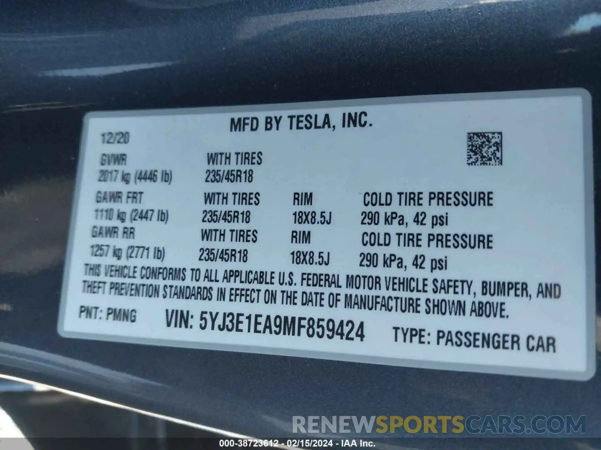 9 Фотография поврежденного автомобиля 5YJ3E1EA9MF859424 TESLA MODEL 3 2021