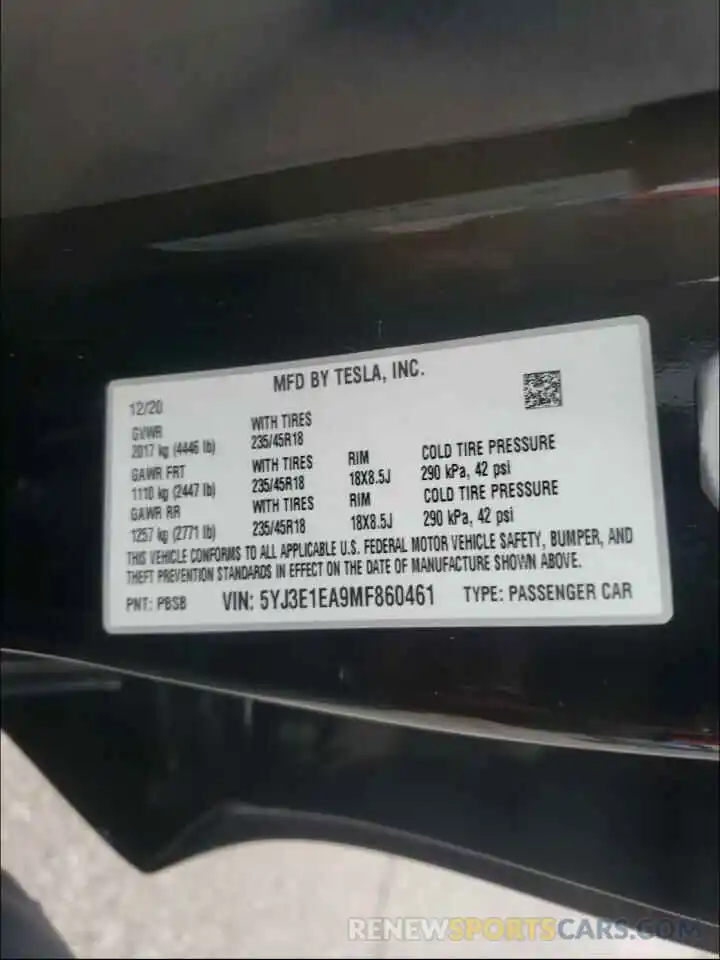 10 Photograph of a damaged car 5YJ3E1EA9MF860461 TESLA MODEL 3 2021