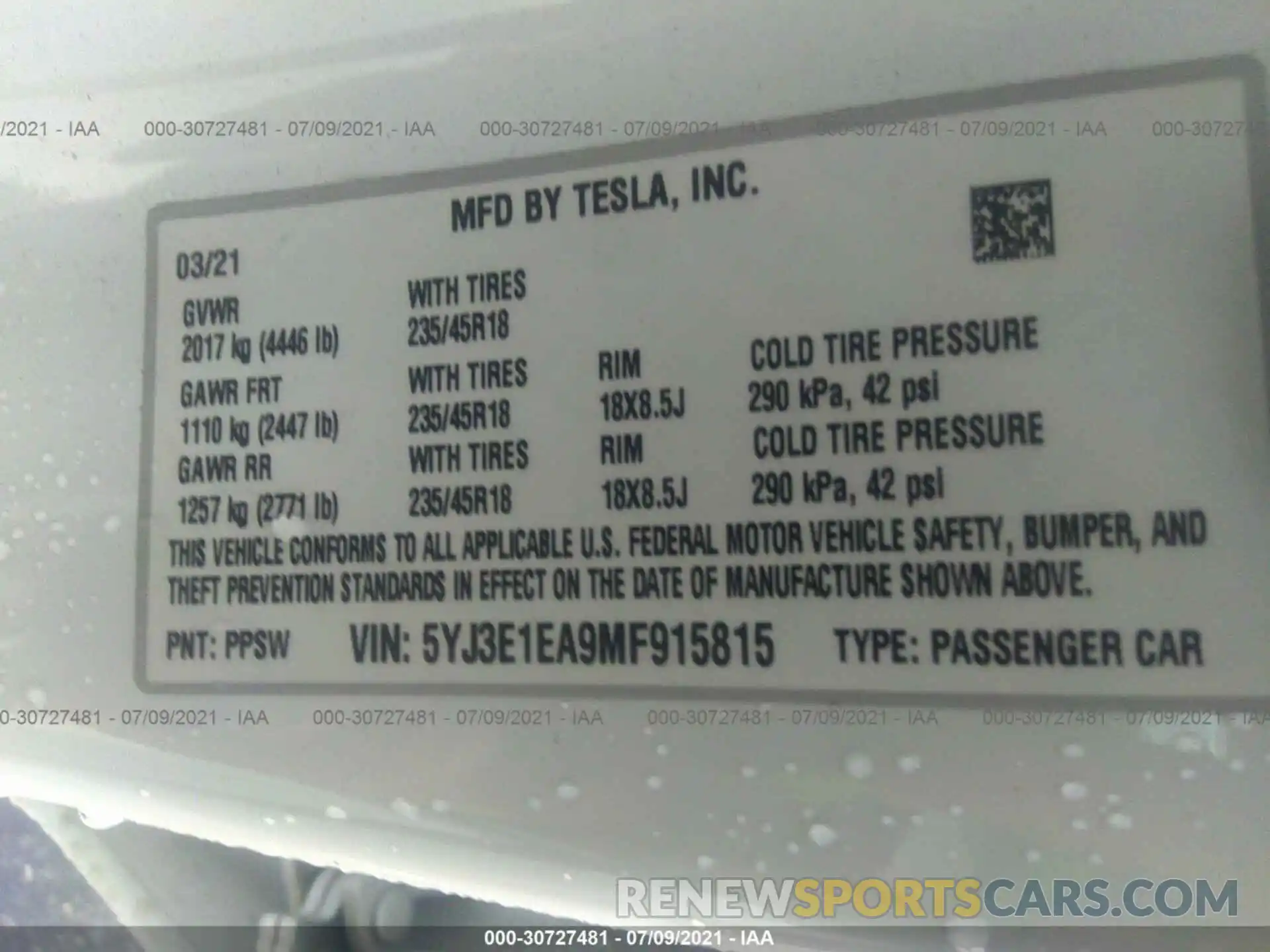 9 Photograph of a damaged car 5YJ3E1EA9MF915815 TESLA MODEL 3 2021