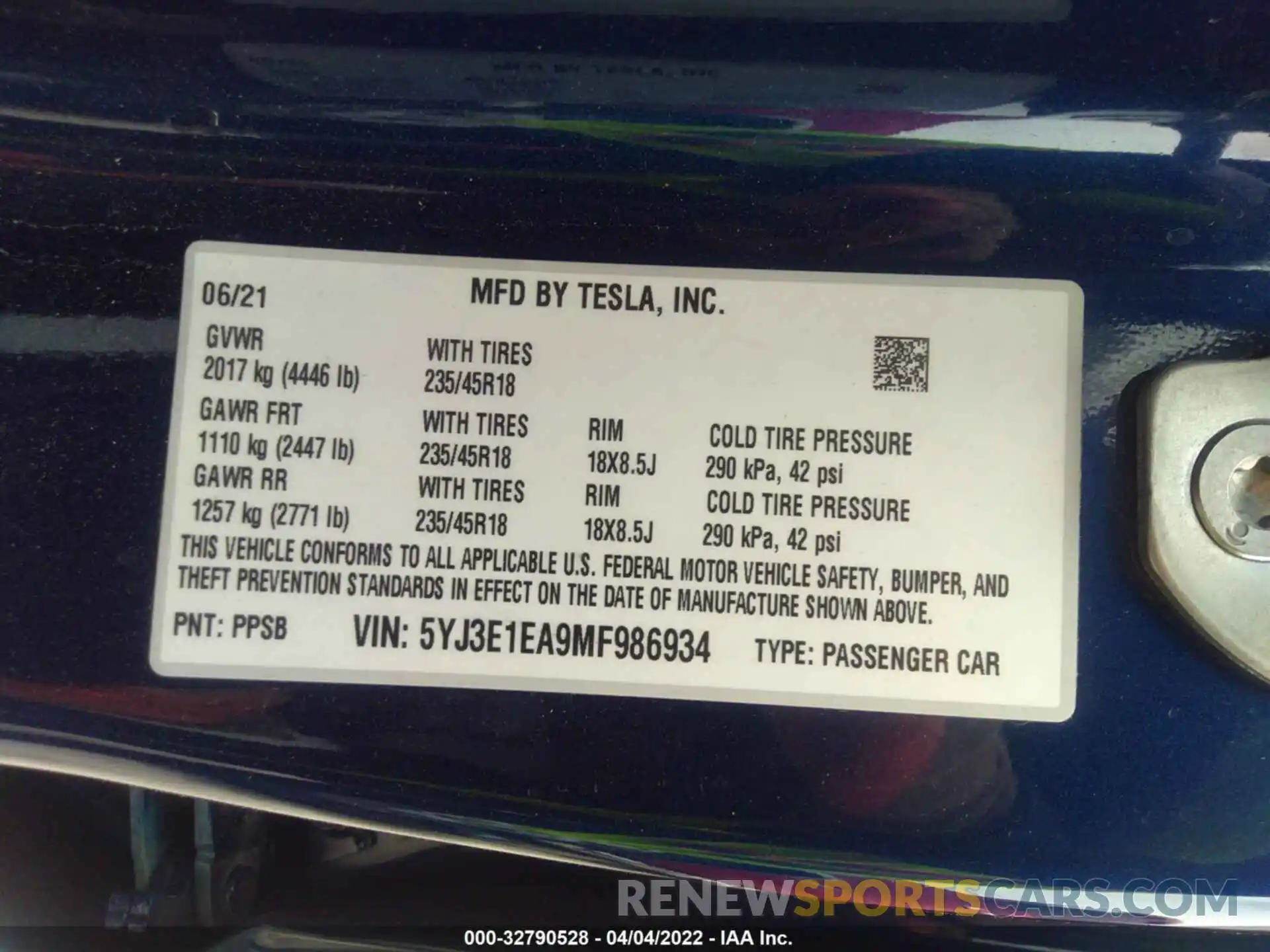 9 Фотография поврежденного автомобиля 5YJ3E1EA9MF986934 TESLA MODEL 3 2021