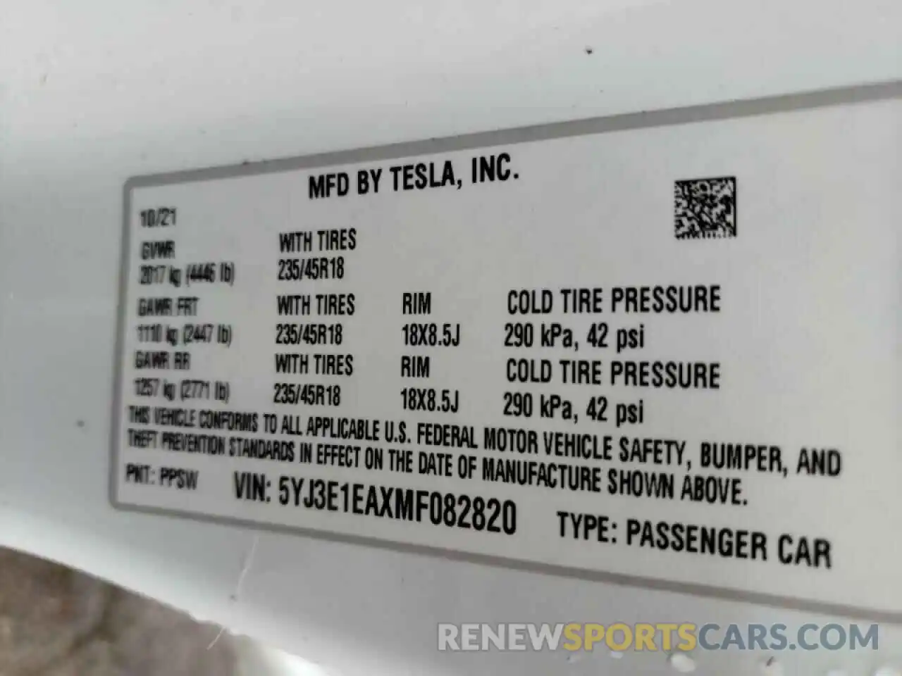 10 Photograph of a damaged car 5YJ3E1EAXMF082820 TESLA MODEL 3 2021