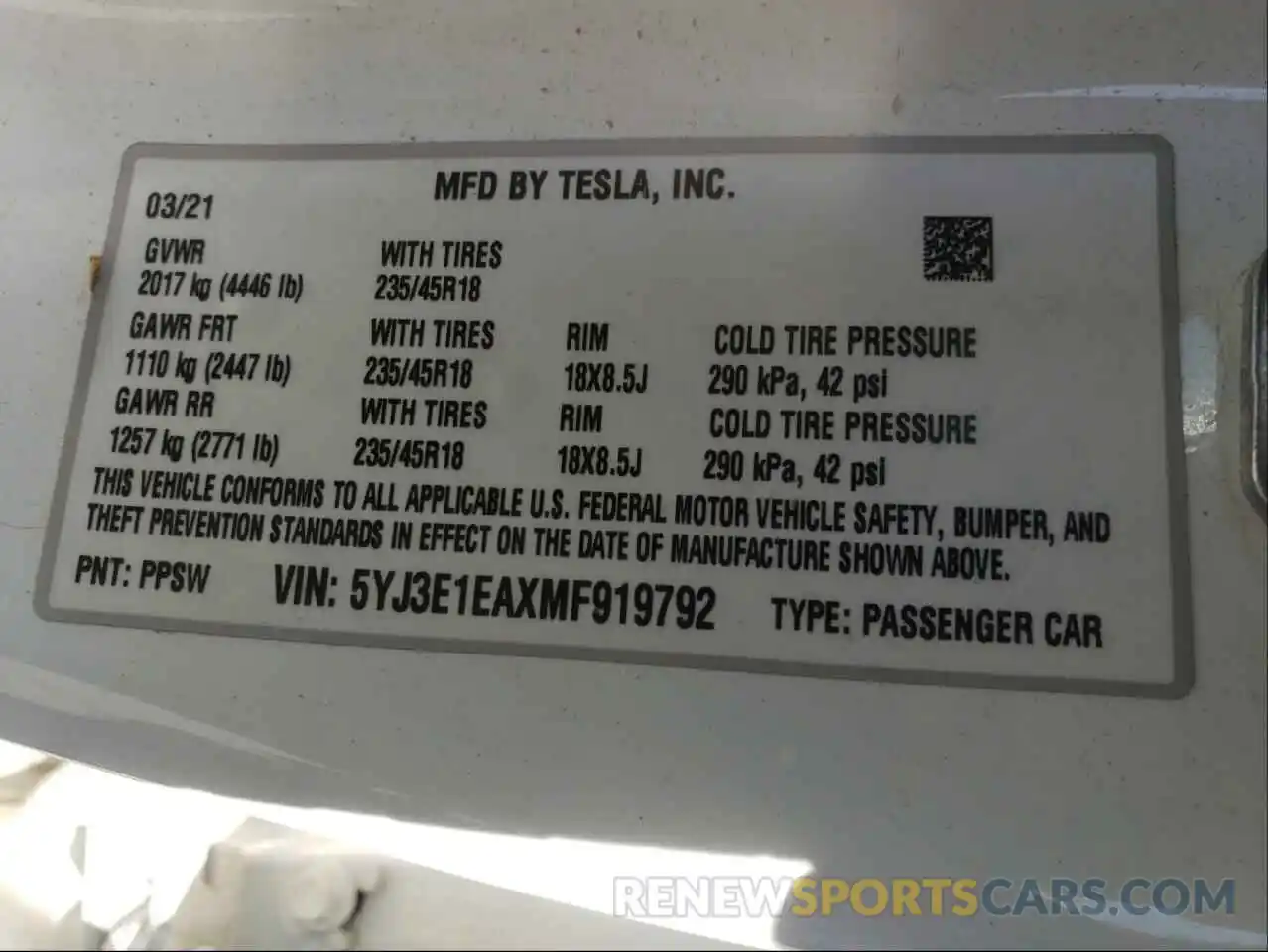 10 Photograph of a damaged car 5YJ3E1EAXMF919792 TESLA MODEL 3 2021