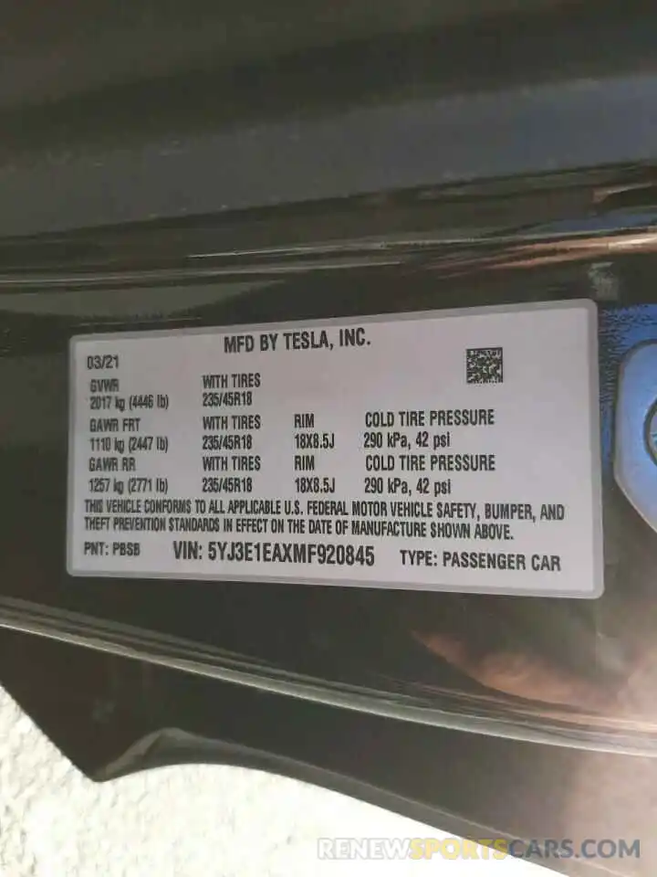 10 Photograph of a damaged car 5YJ3E1EAXMF920845 TESLA MODEL 3 2021