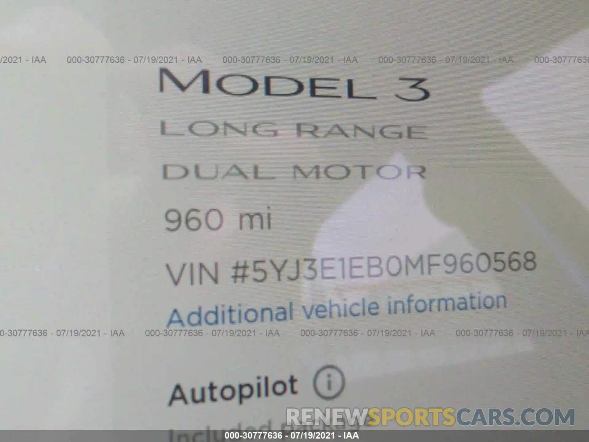 7 Фотография поврежденного автомобиля 5YJ3E1EB0MF960568 TESLA MODEL 3 2021