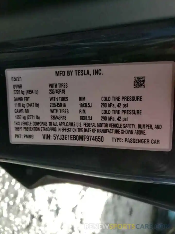 10 Photograph of a damaged car 5YJ3E1EB0MF974650 TESLA MODEL 3 2021