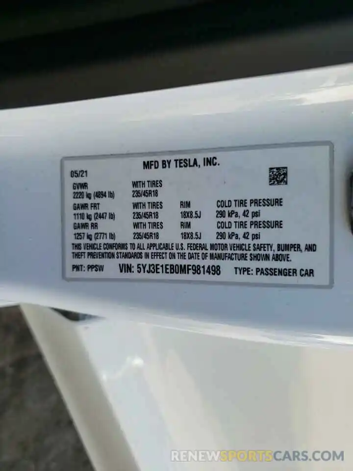 10 Photograph of a damaged car 5YJ3E1EB0MF981498 TESLA MODEL 3 2021