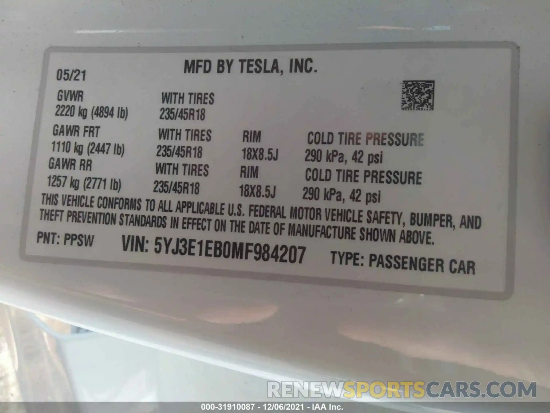 9 Photograph of a damaged car 5YJ3E1EB0MF984207 TESLA MODEL 3 2021